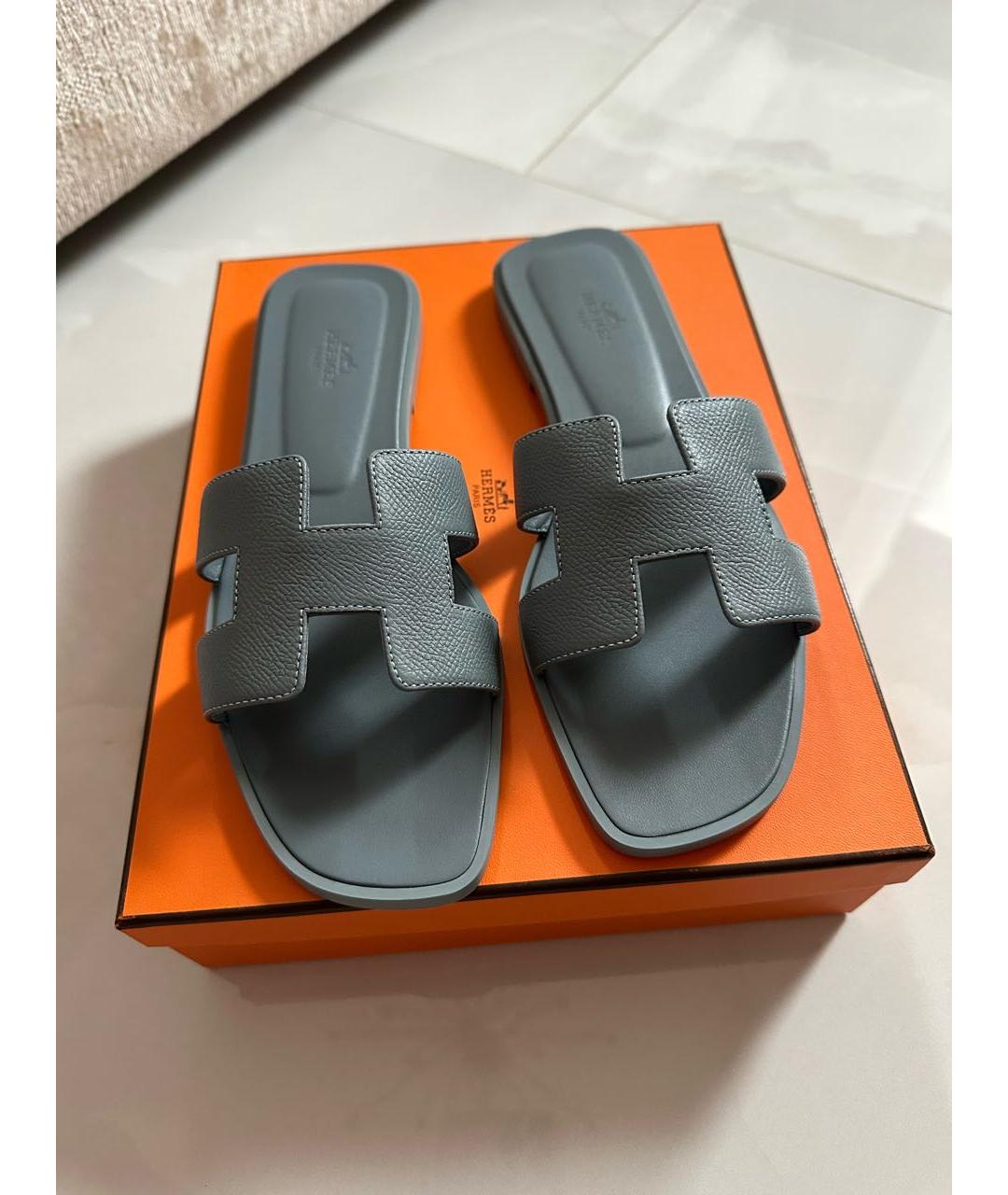 HERMES Голубые кожаные шлепанцы, фото 3