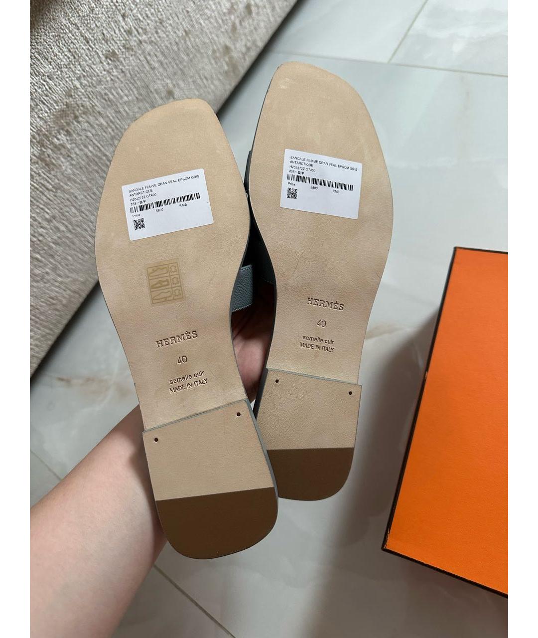 HERMES Голубые кожаные шлепанцы, фото 5