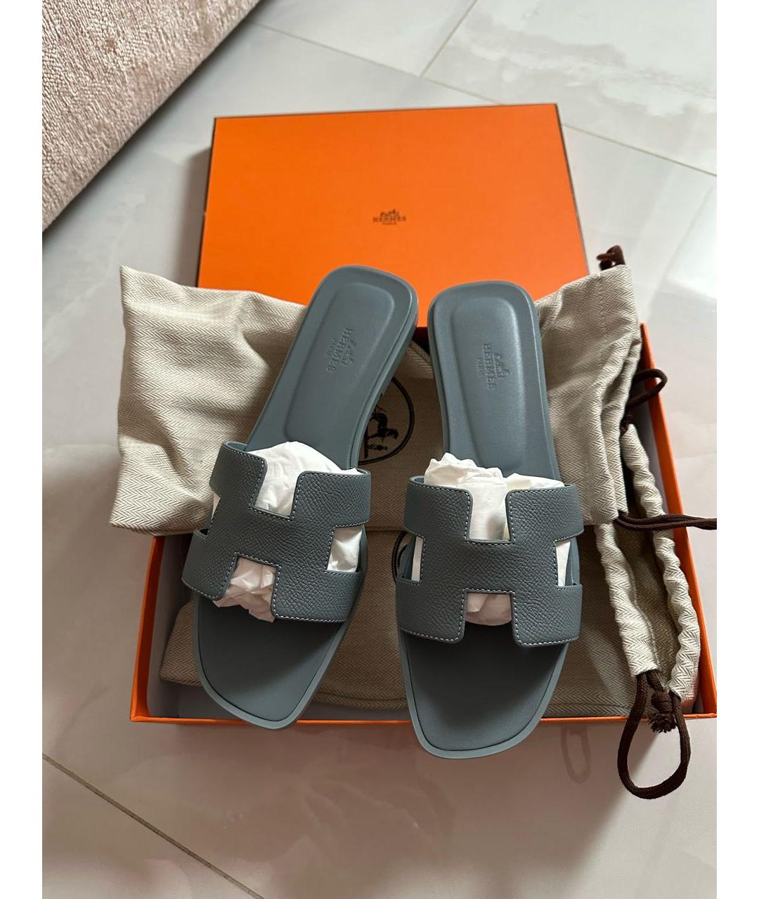 HERMES Голубые кожаные шлепанцы, фото 2