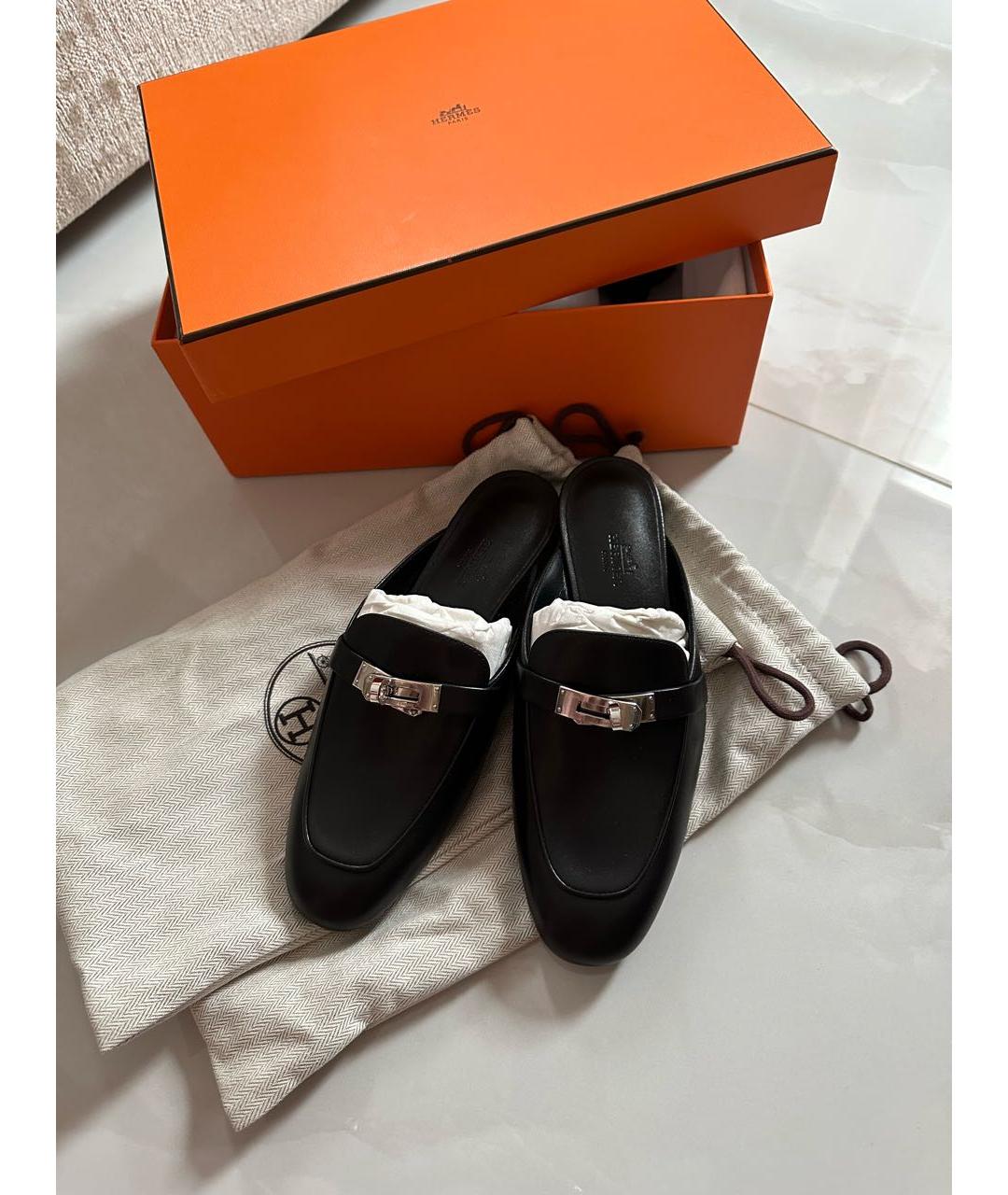 HERMES Черные кожаные мюли, фото 2