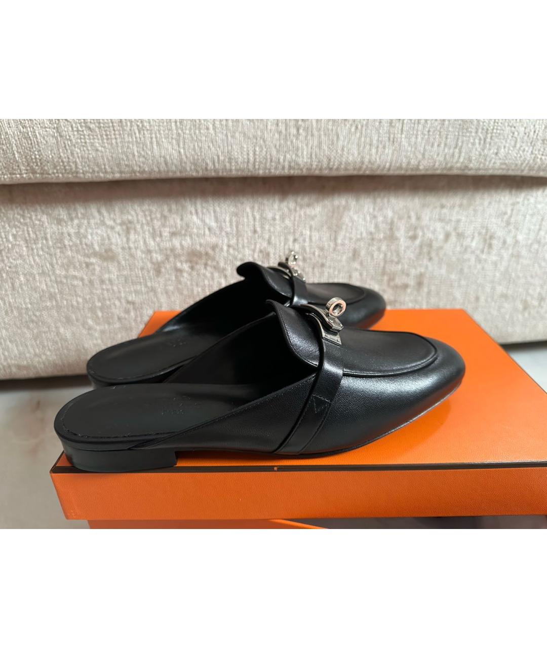 HERMES Черные кожаные мюли, фото 8