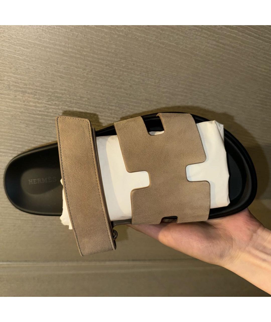 HERMES Бежевые замшевые шлепанцы, фото 4