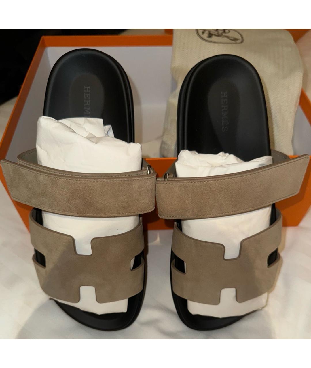 HERMES Бежевые замшевые шлепанцы, фото 2