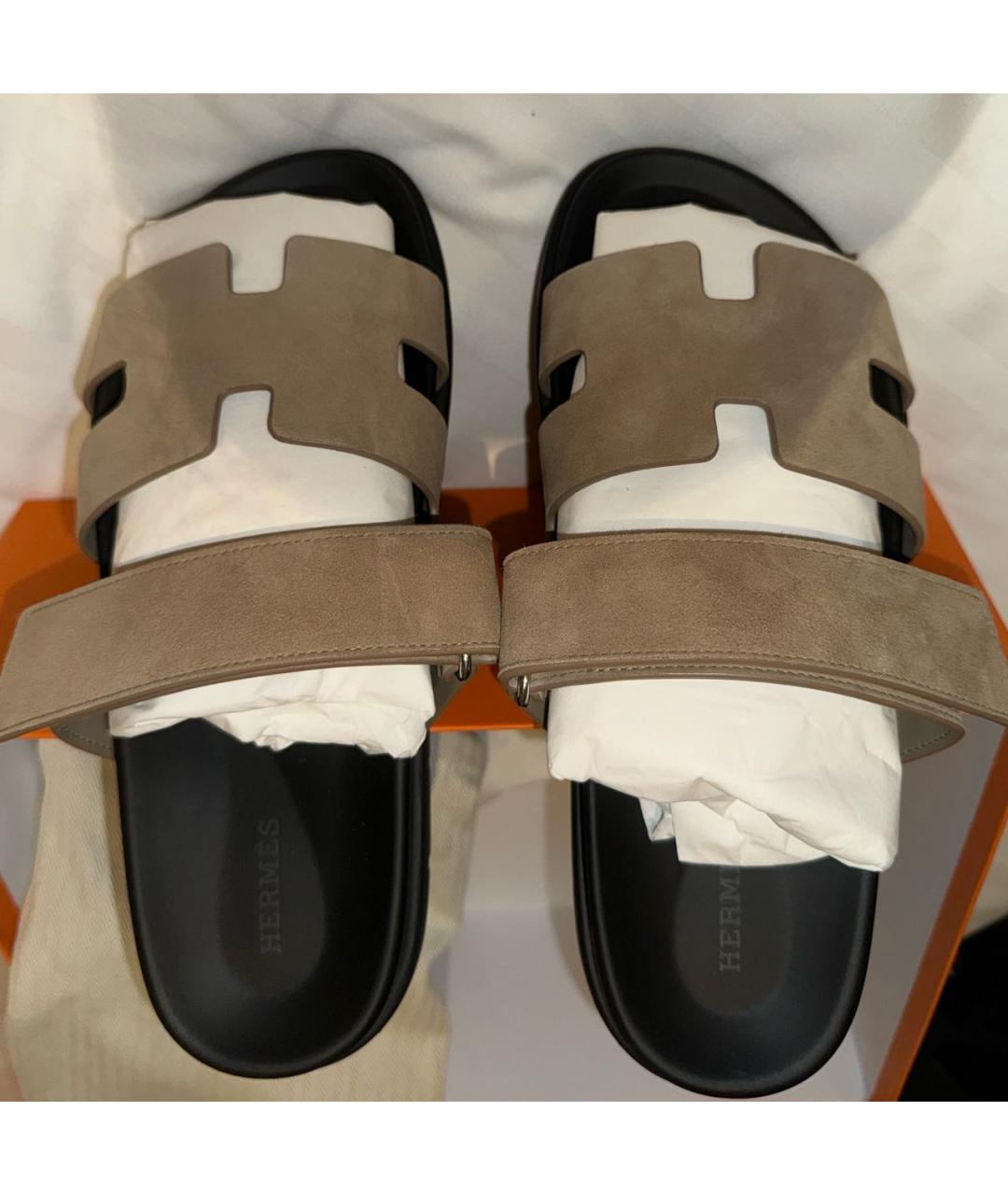 HERMES Бежевые замшевые шлепанцы, фото 3