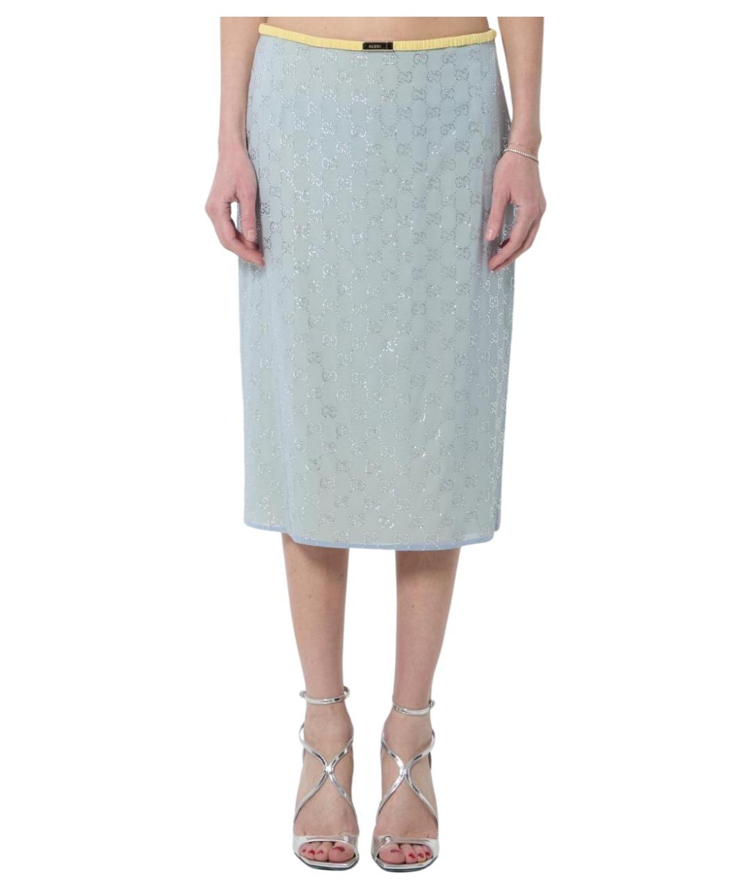 GUCCI Голубая шелковая юбка миди, фото 1