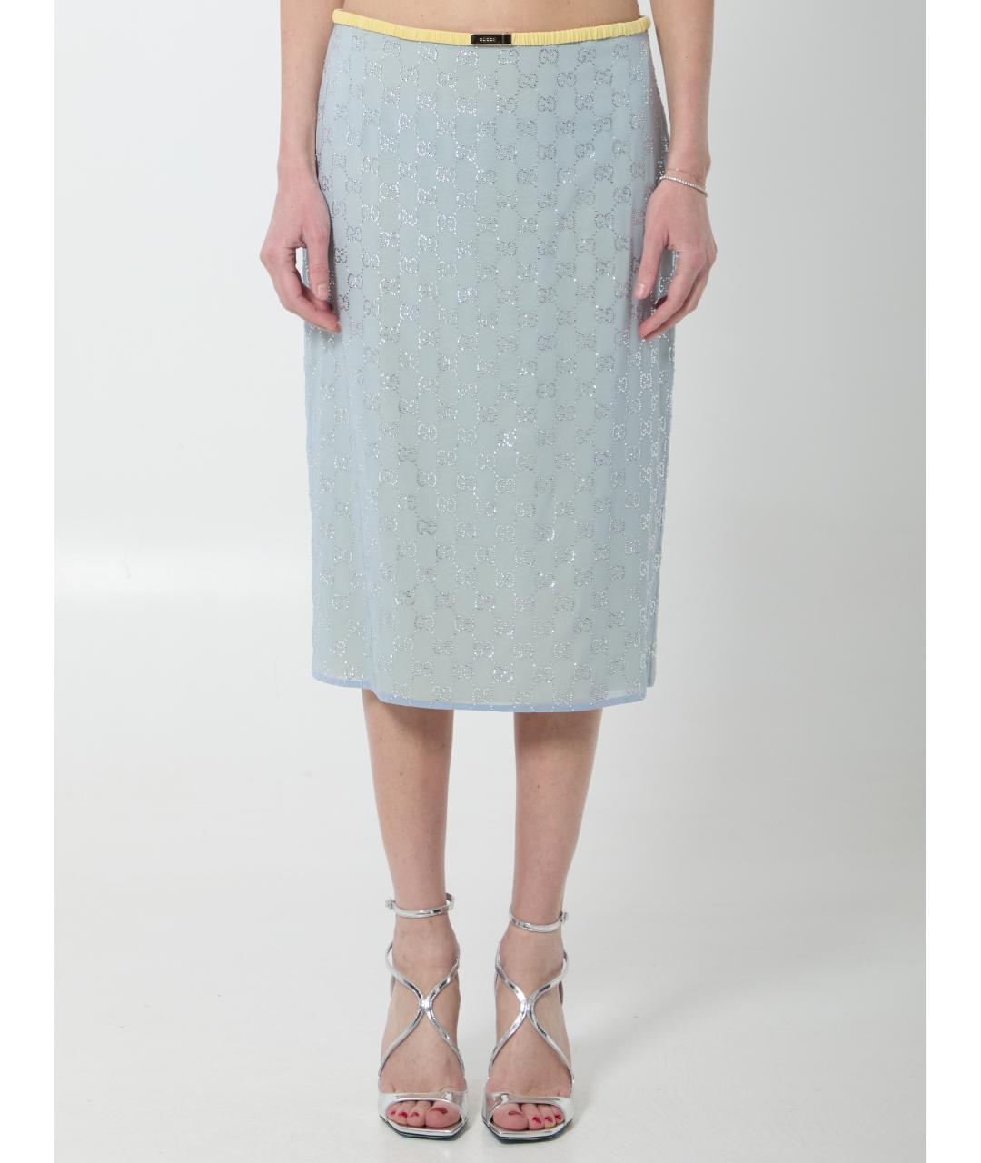 GUCCI Голубая шелковая юбка миди, фото 5