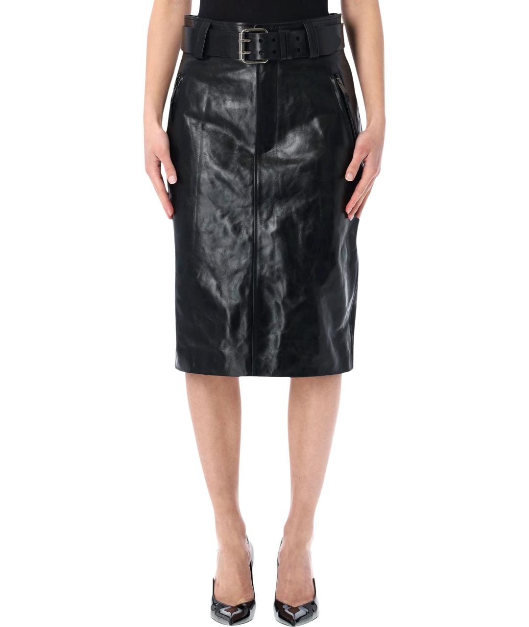SAINT LAURENT Черная кожаная юбка миди, фото 1