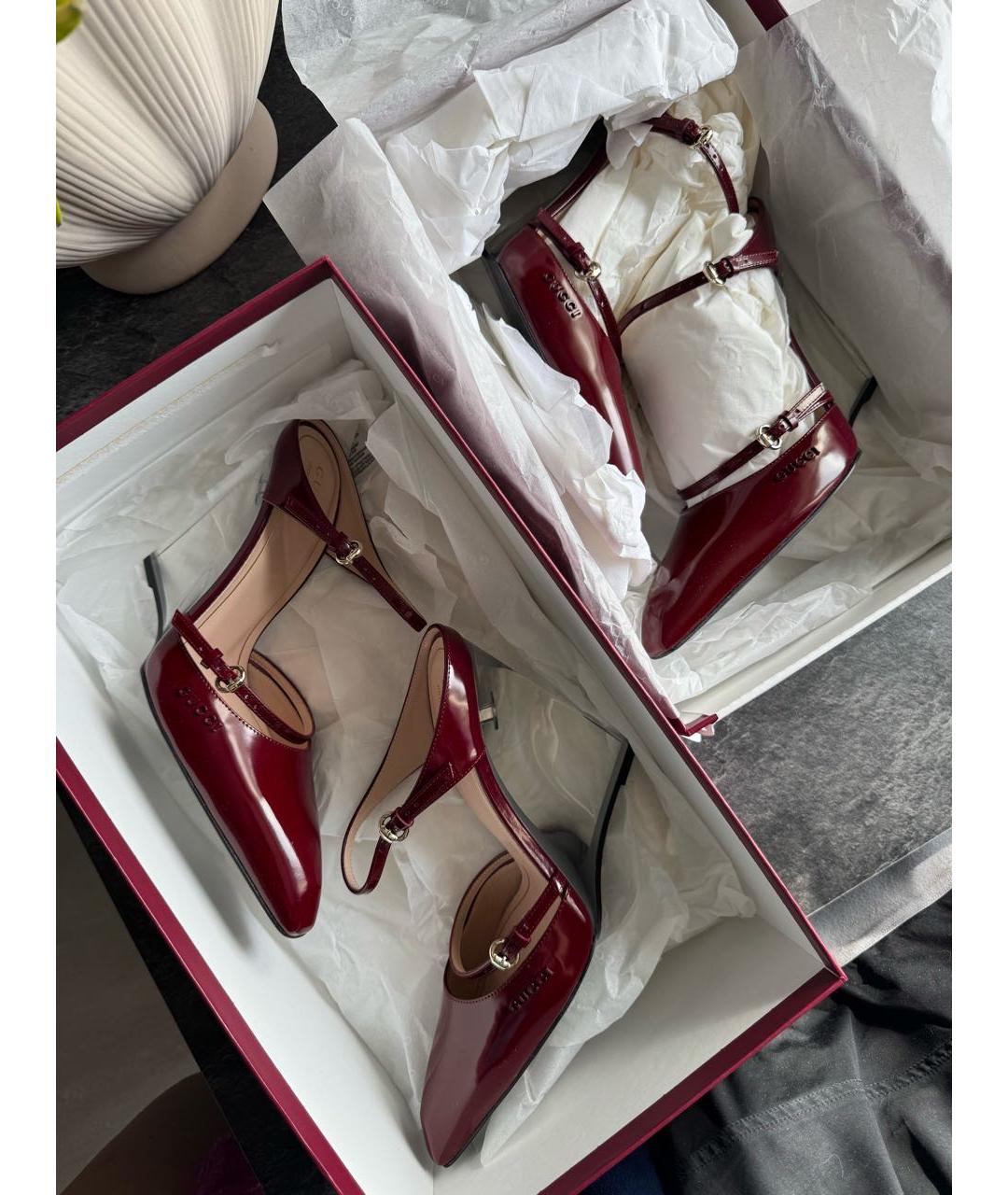 GUCCI Бордовые кожаные босоножки, фото 6