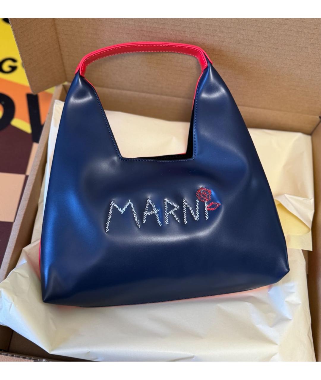 MARNI Темно-синяя сумка с короткими ручками из искусственной кожи, фото 5