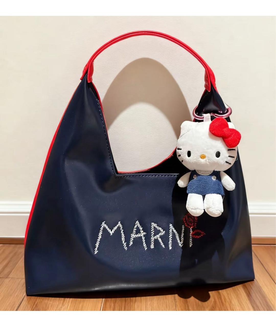 MARNI Темно-синяя сумка с короткими ручками из искусственной кожи, фото 7