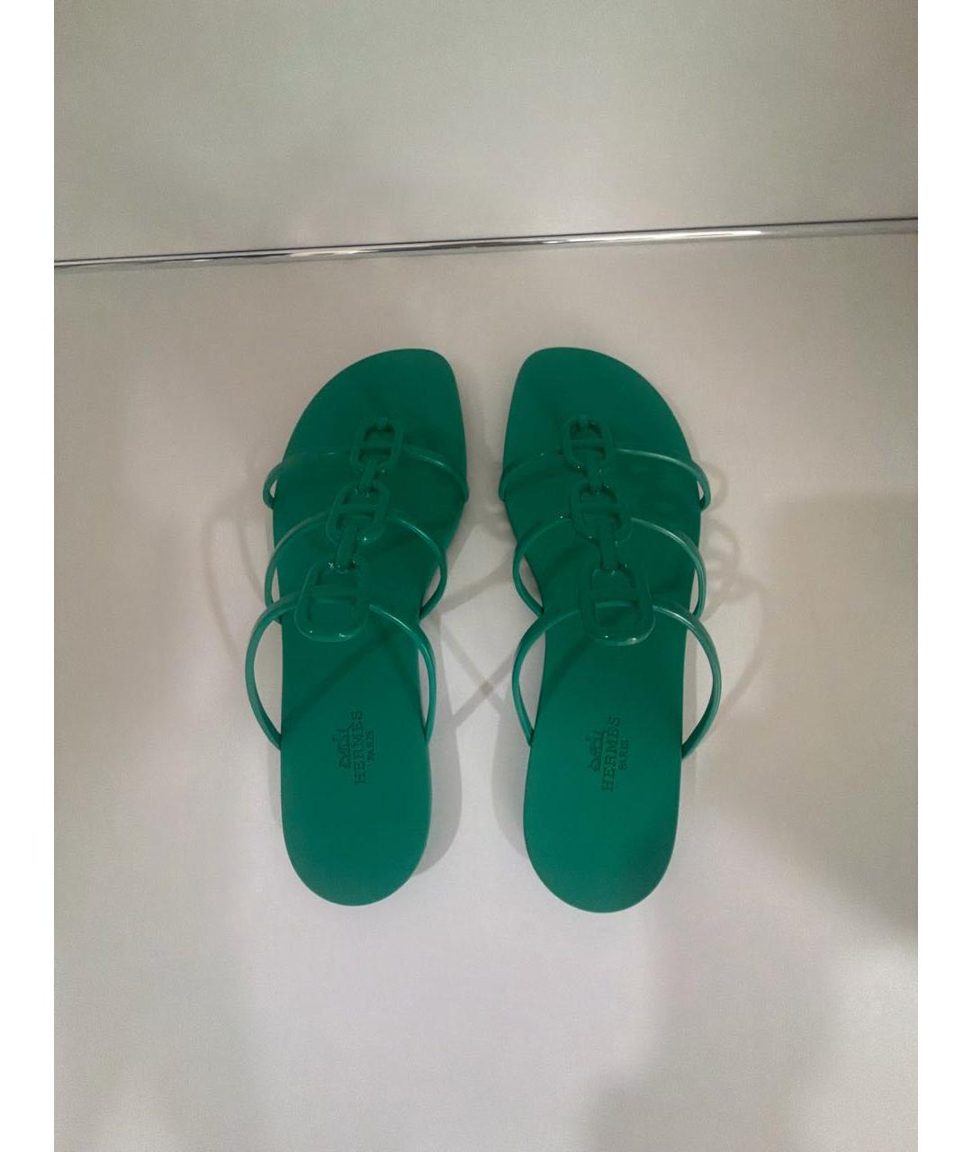 HERMES Зеленые резиновые шлепанцы, фото 3