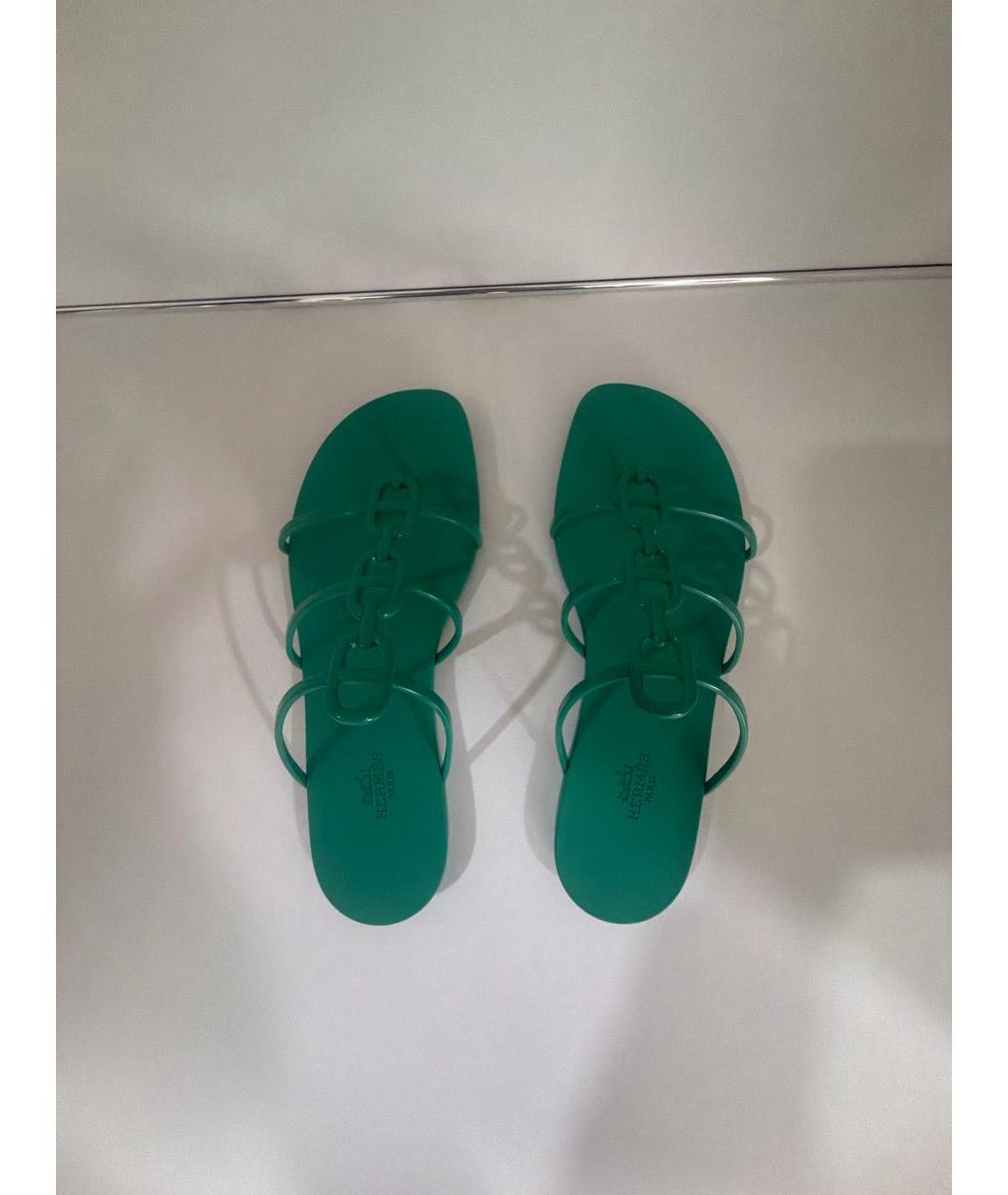 HERMES Зеленые резиновые шлепанцы, фото 3