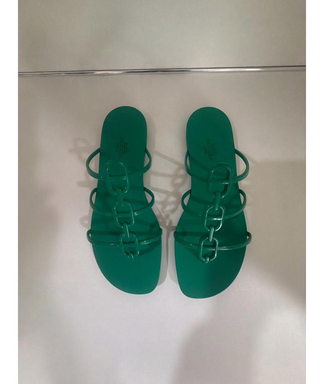 HERMES Зеленые резиновые шлепанцы, фото 2