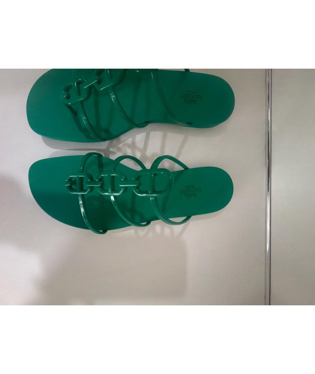 HERMES Зеленые резиновые шлепанцы, фото 5