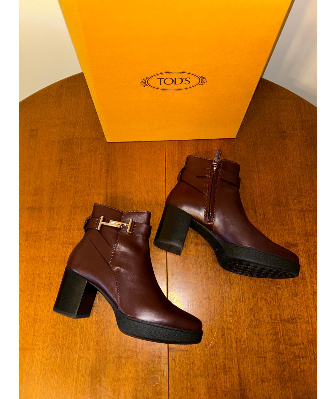 TOD'S Бордовые кожаные ботильоны, фото 3