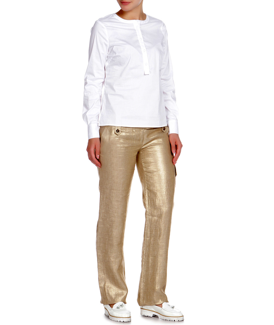 JOHN RICHMOND Золотые льняные прямые брюки, фото 3
