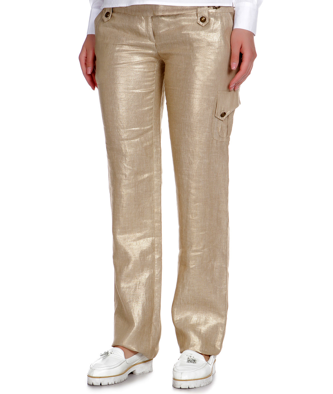 JOHN RICHMOND Золотые льняные прямые брюки, фото 4