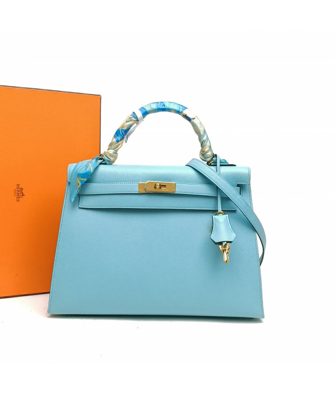 HERMES Голубая кожаная сумка с короткими ручками, фото 8