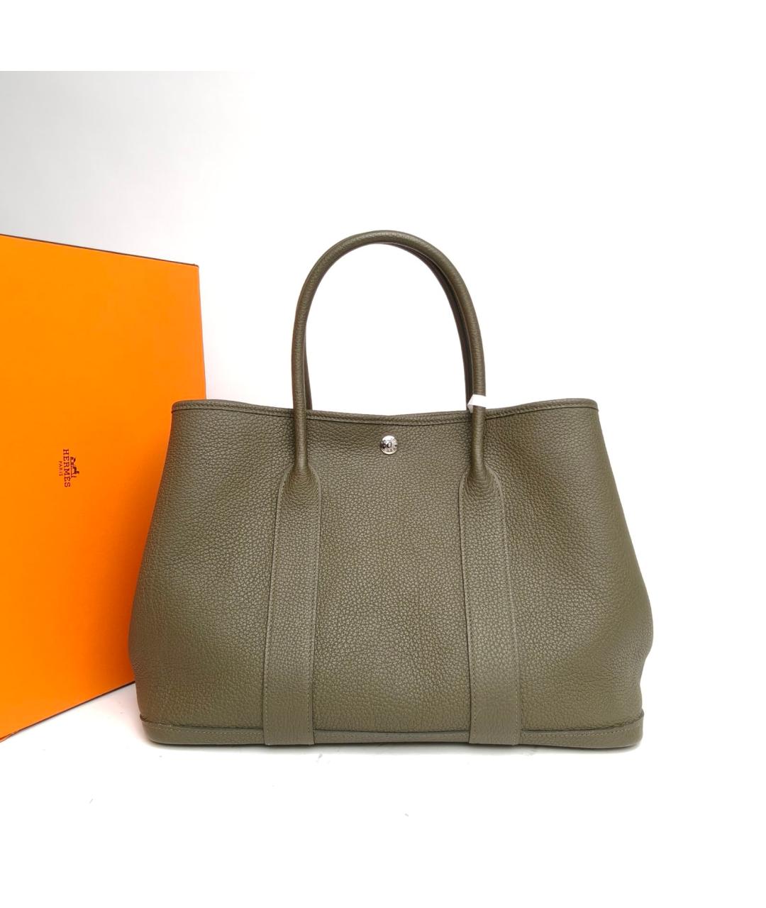 HERMES Хаки кожаная сумка тоут, фото 8
