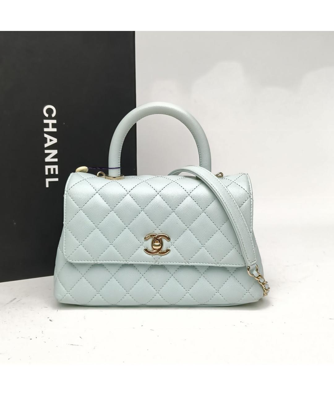 CHANEL Голубая кожаная сумка с короткими ручками, фото 9