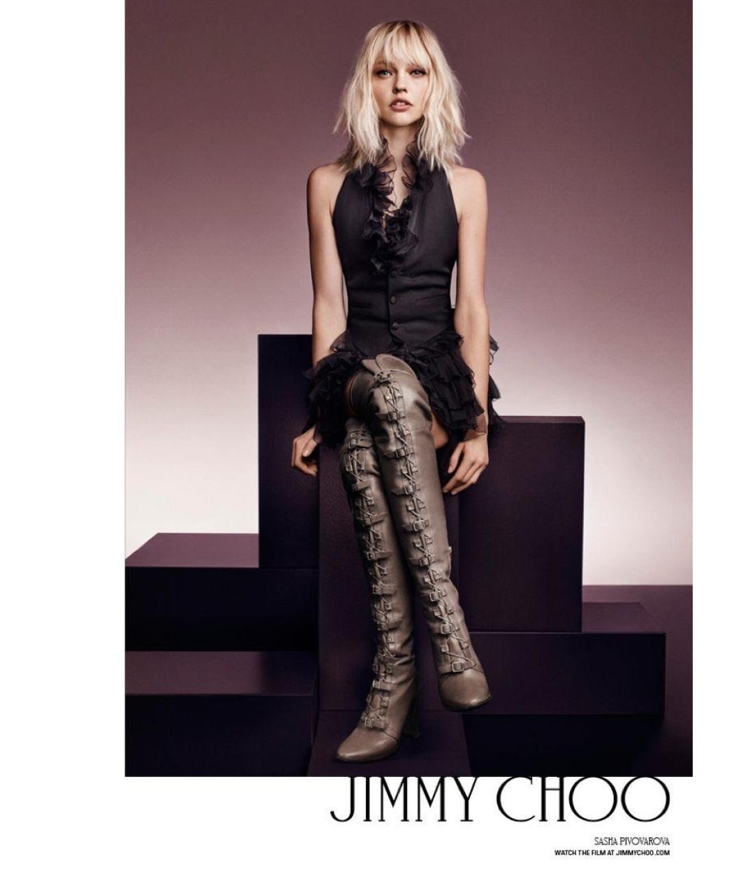 JIMMY CHOO Антрацитовые кожаные ботфорты, фото 2