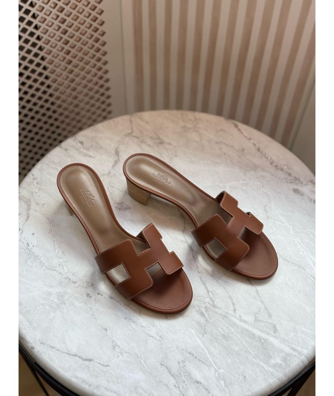 HERMES Коричневые кожаные шлепанцы, фото 2