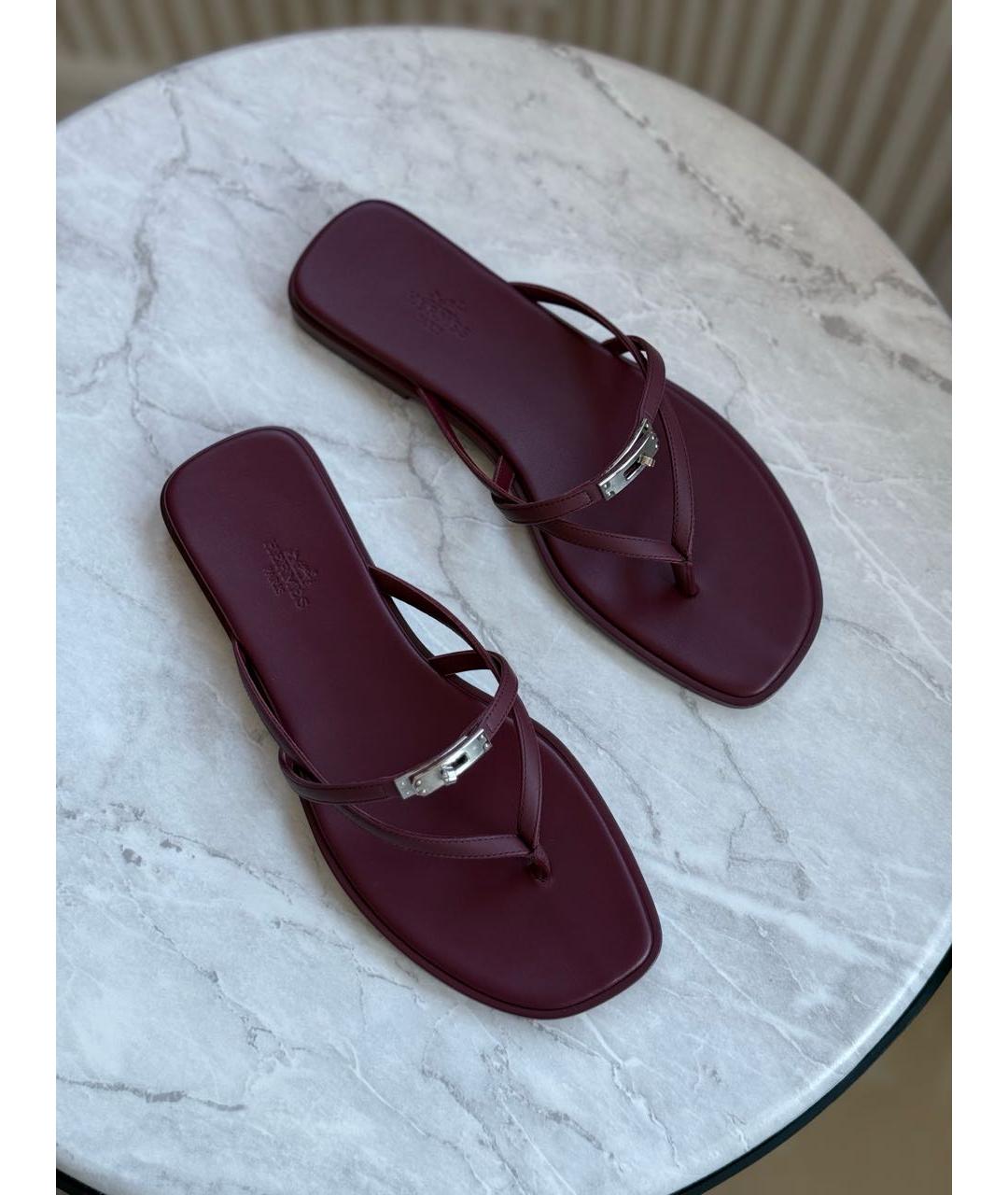 HERMES Бордовые кожаные шлепанцы, фото 2