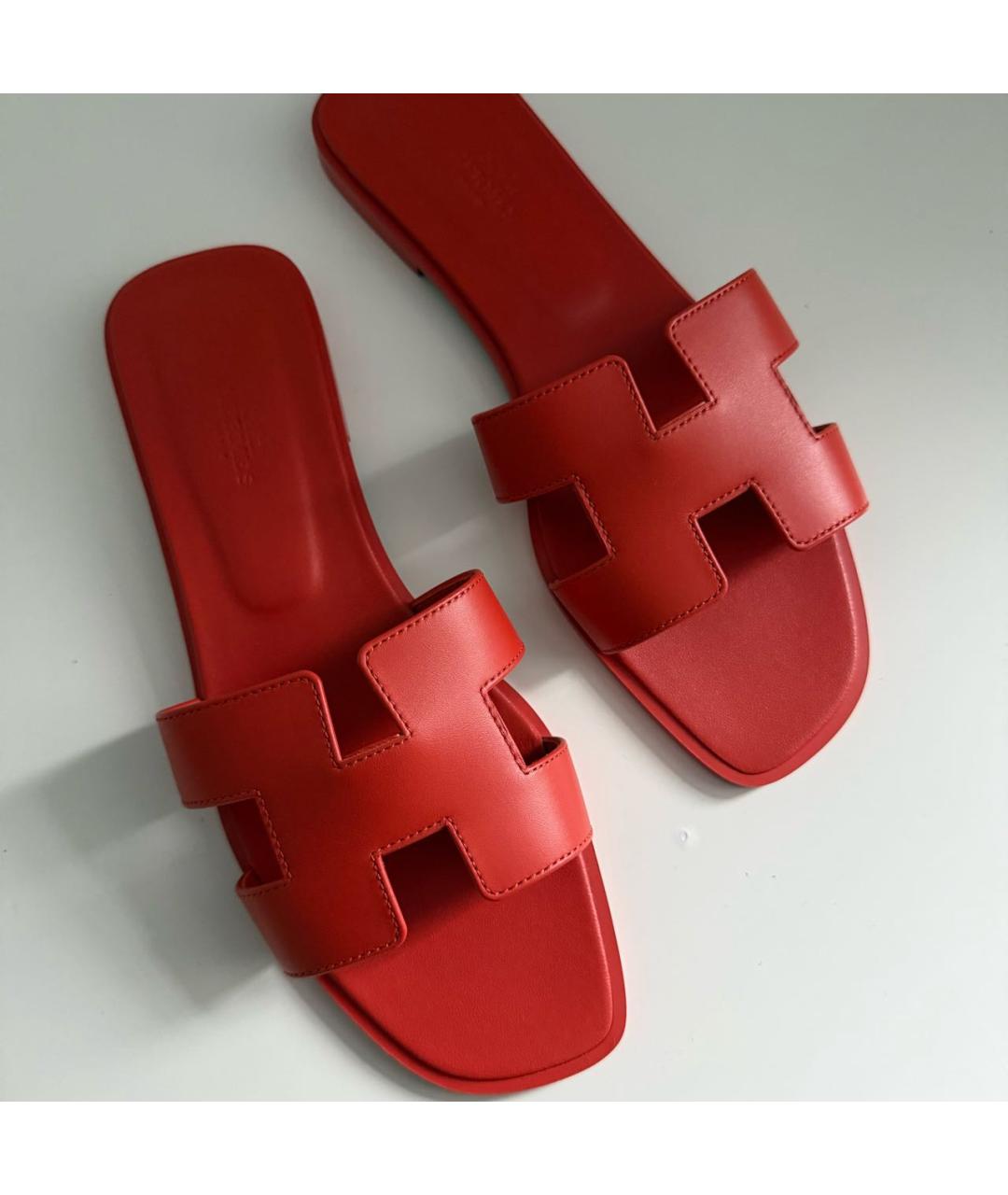 HERMES Красные кожаные шлепанцы, фото 2