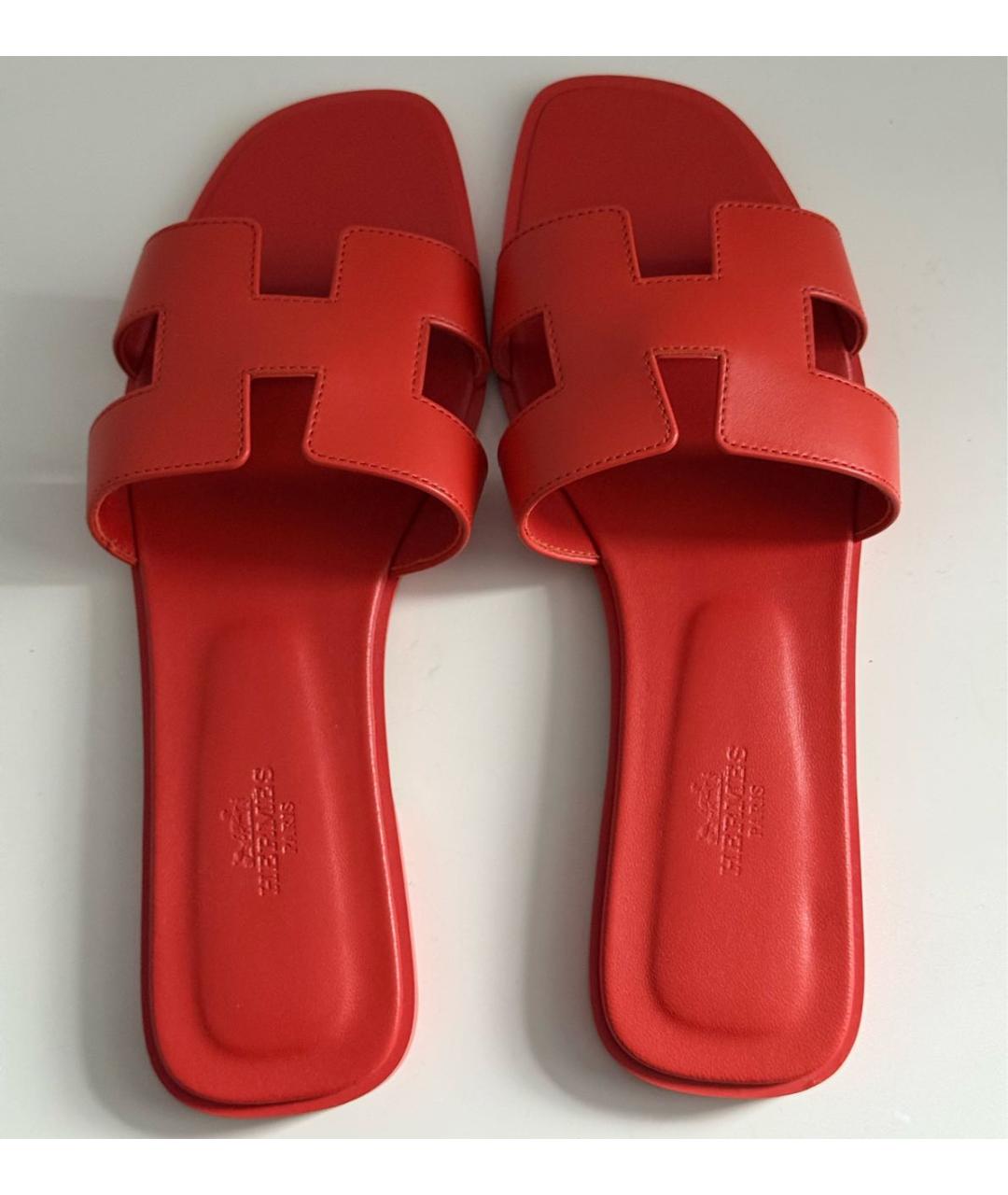 HERMES Красные кожаные шлепанцы, фото 3