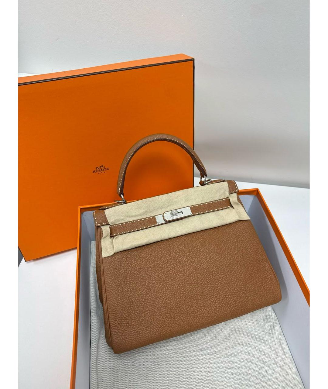 HERMES Коричневая кожаная сумка с короткими ручками, фото 8