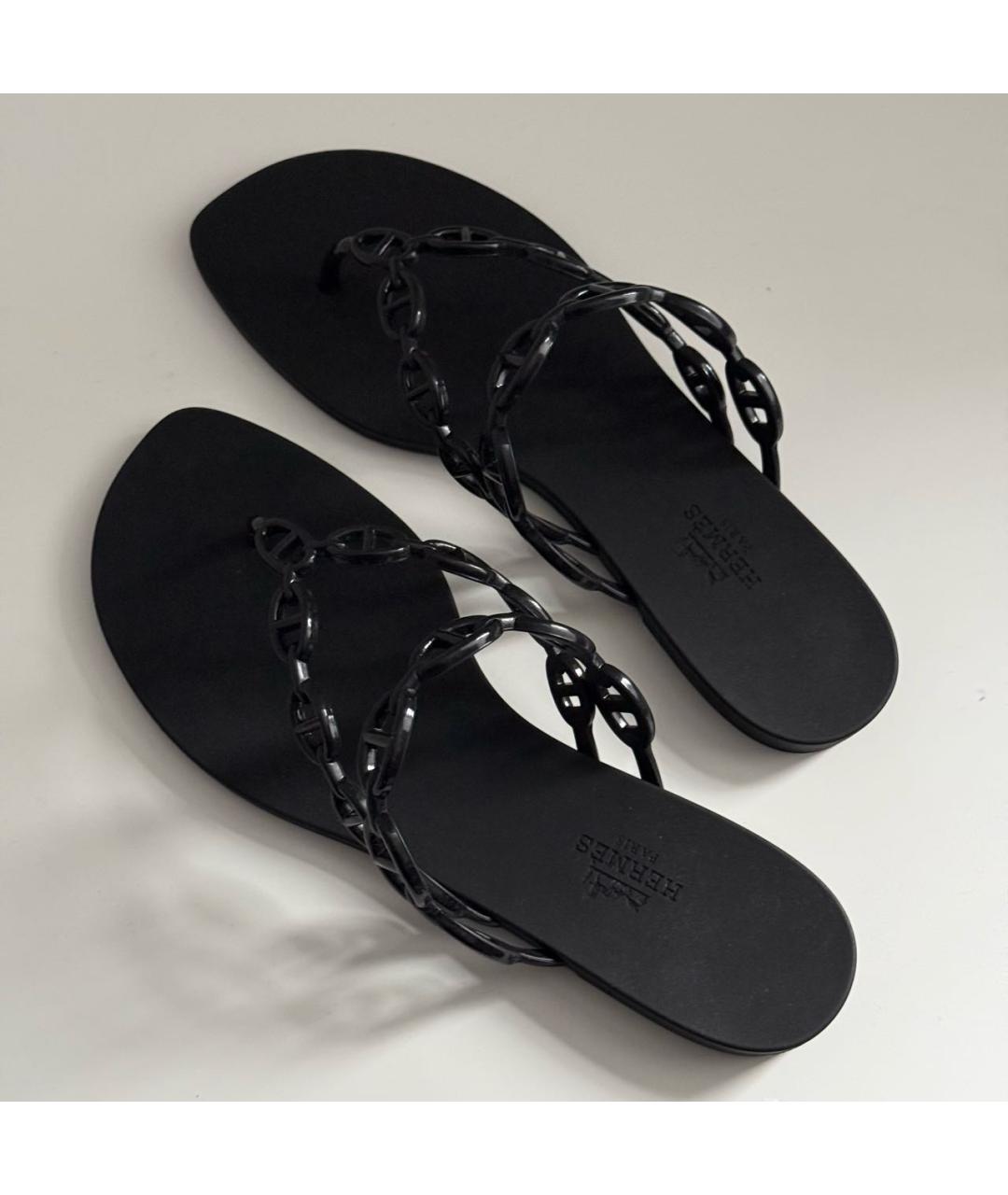 HERMES Черные резиновые шлепанцы, фото 3