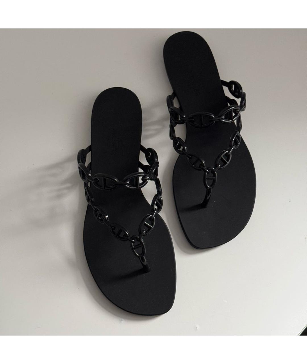 HERMES Черные резиновые шлепанцы, фото 2