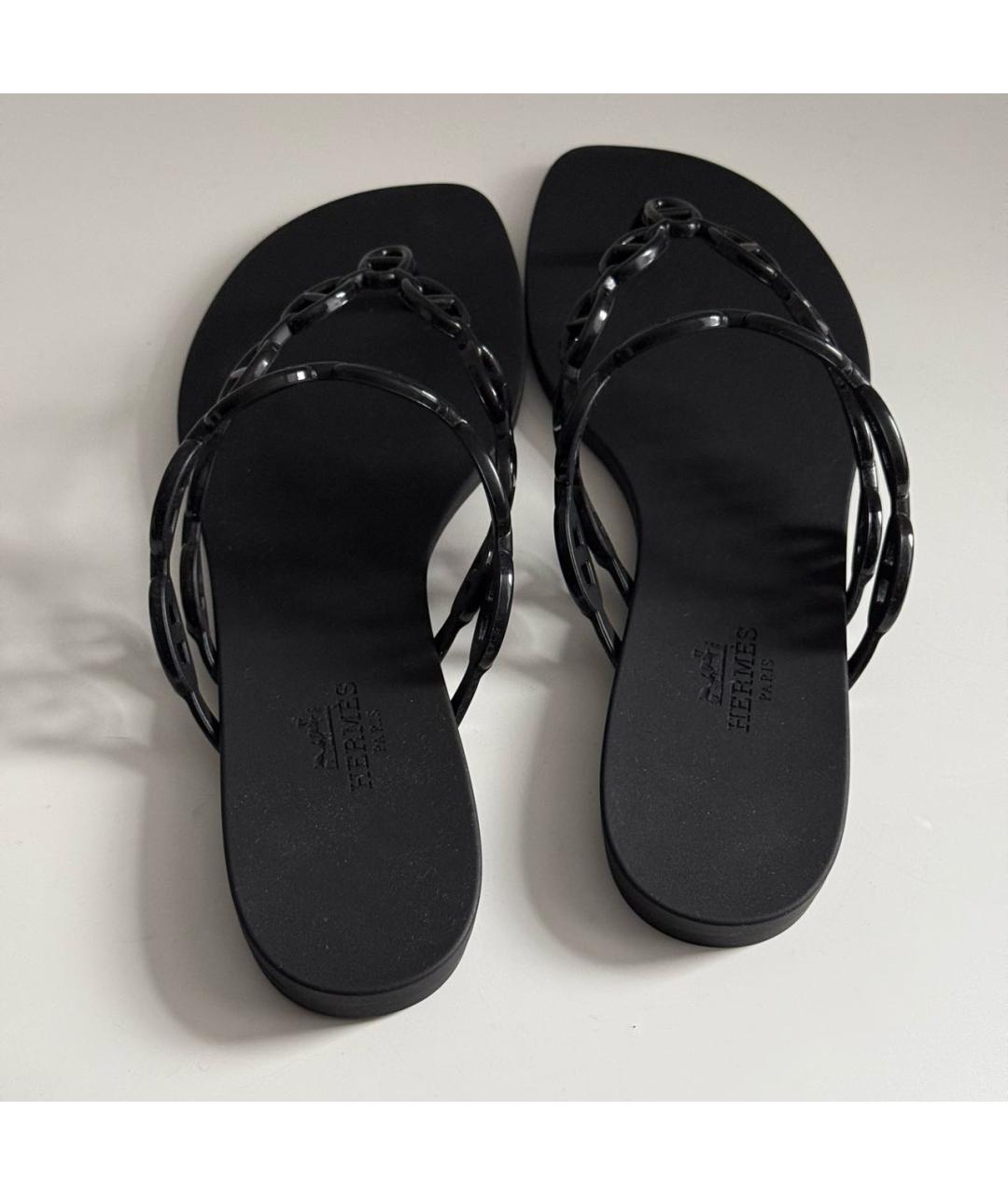 HERMES Черные резиновые шлепанцы, фото 4