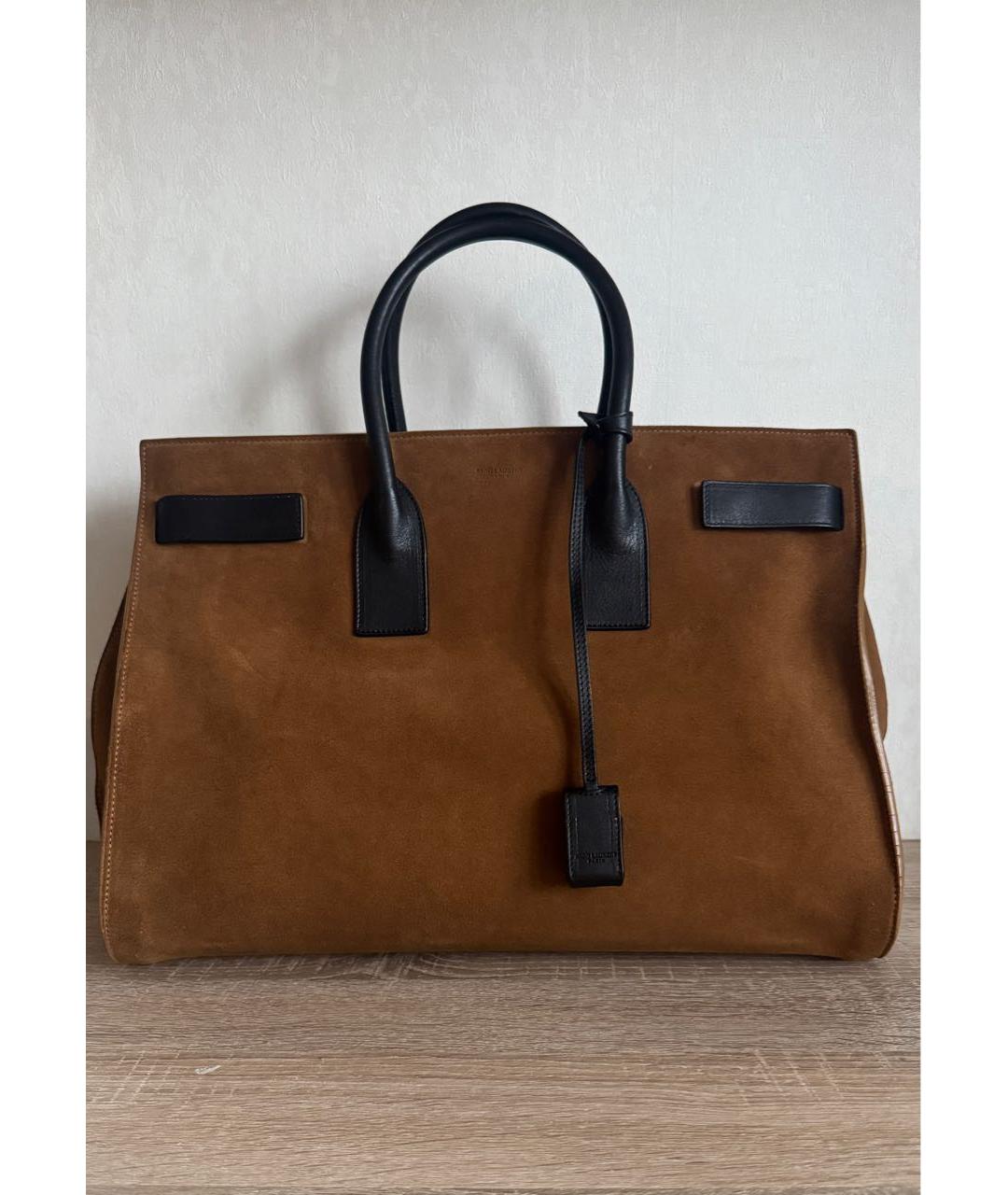 SAINT LAURENT Коричневая замшевая сумка тоут, фото 9