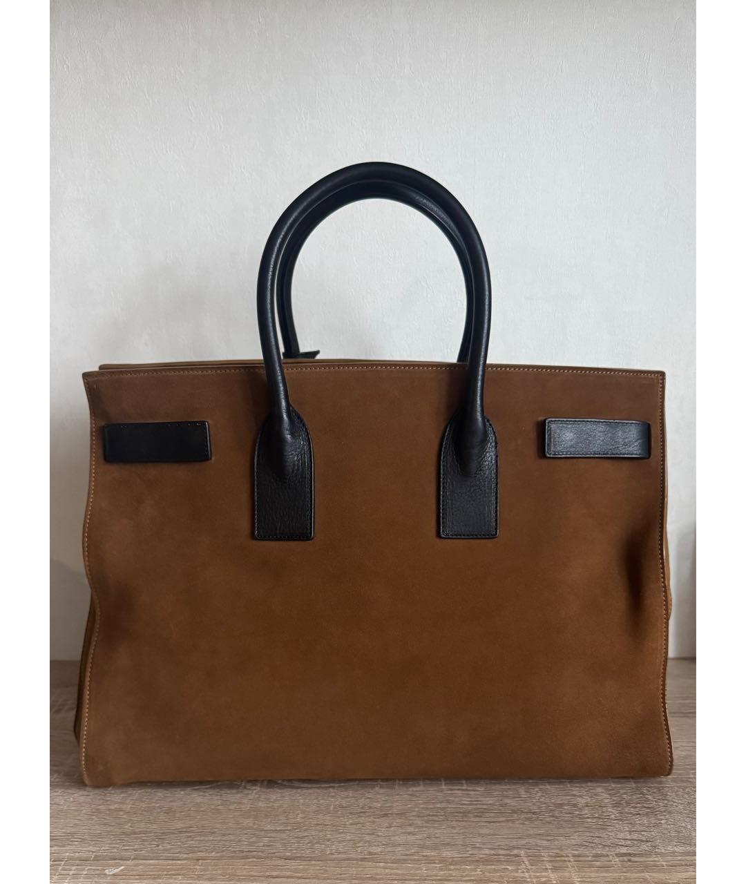 SAINT LAURENT Коричневая замшевая сумка тоут, фото 2