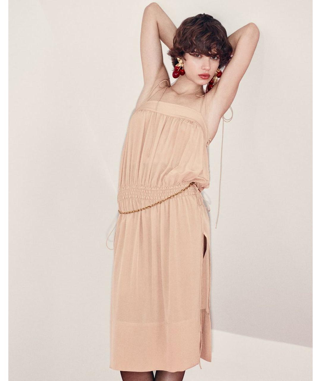 SAINT LAURENT Бежевое шелковое повседневное платье, фото 2