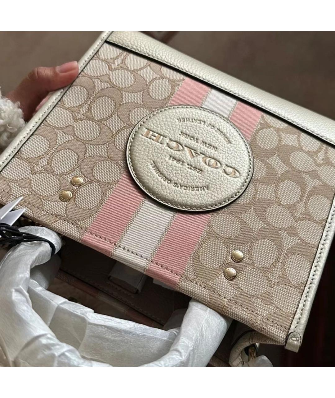 COACH Бежевая кожаная сумка с короткими ручками, фото 6