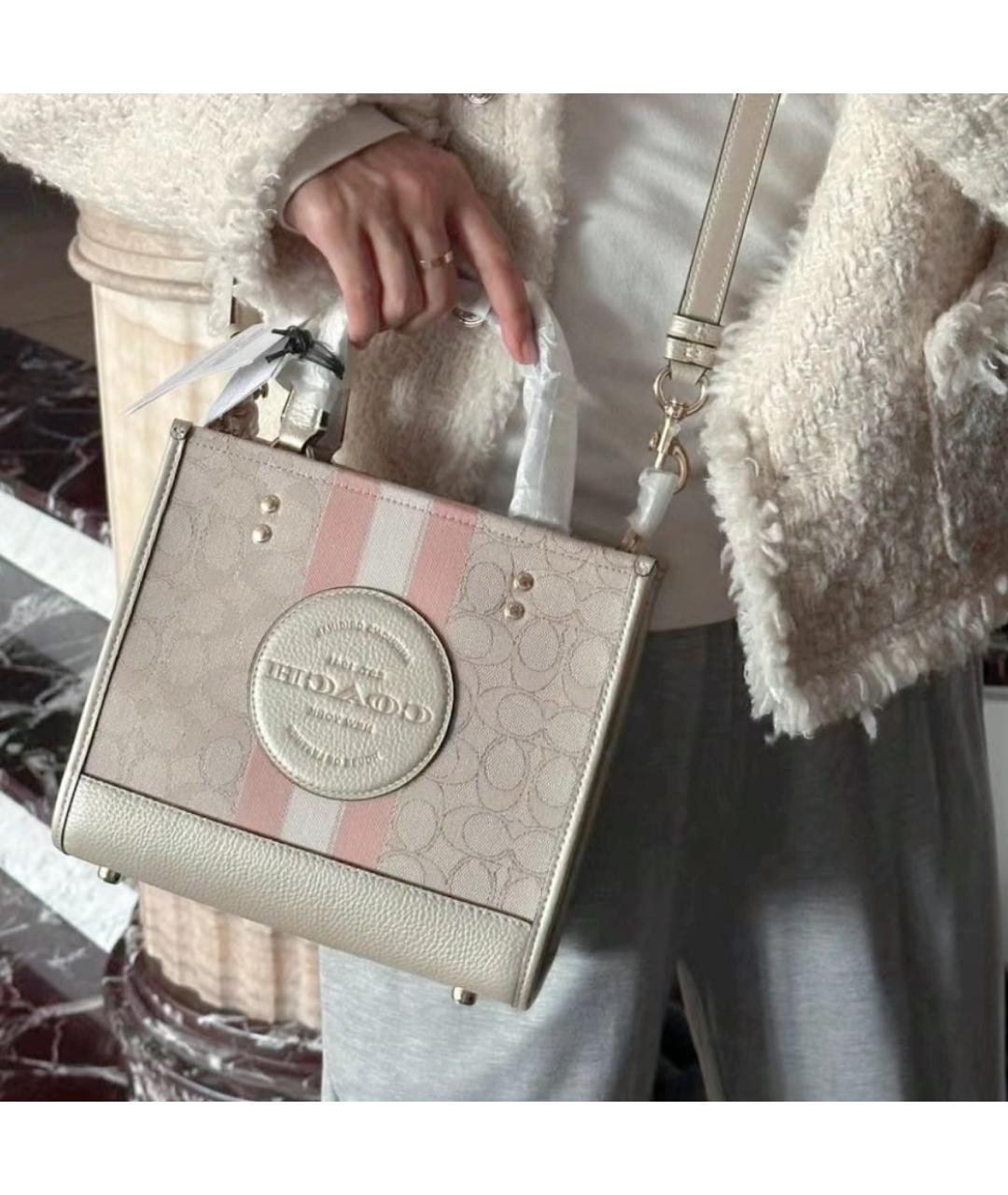 COACH Бежевая кожаная сумка с короткими ручками, фото 7