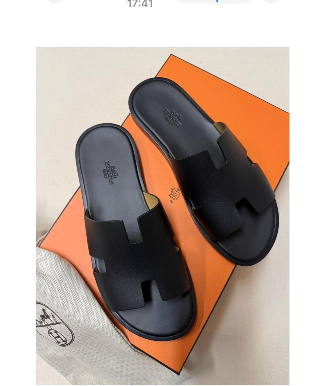HERMES Черные кожаные шлепанцы, фото 2