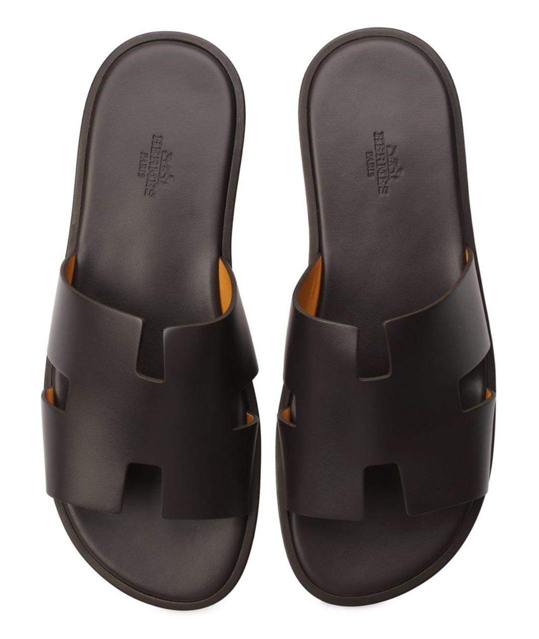 HERMES Черные кожаные шлепанцы, фото 4