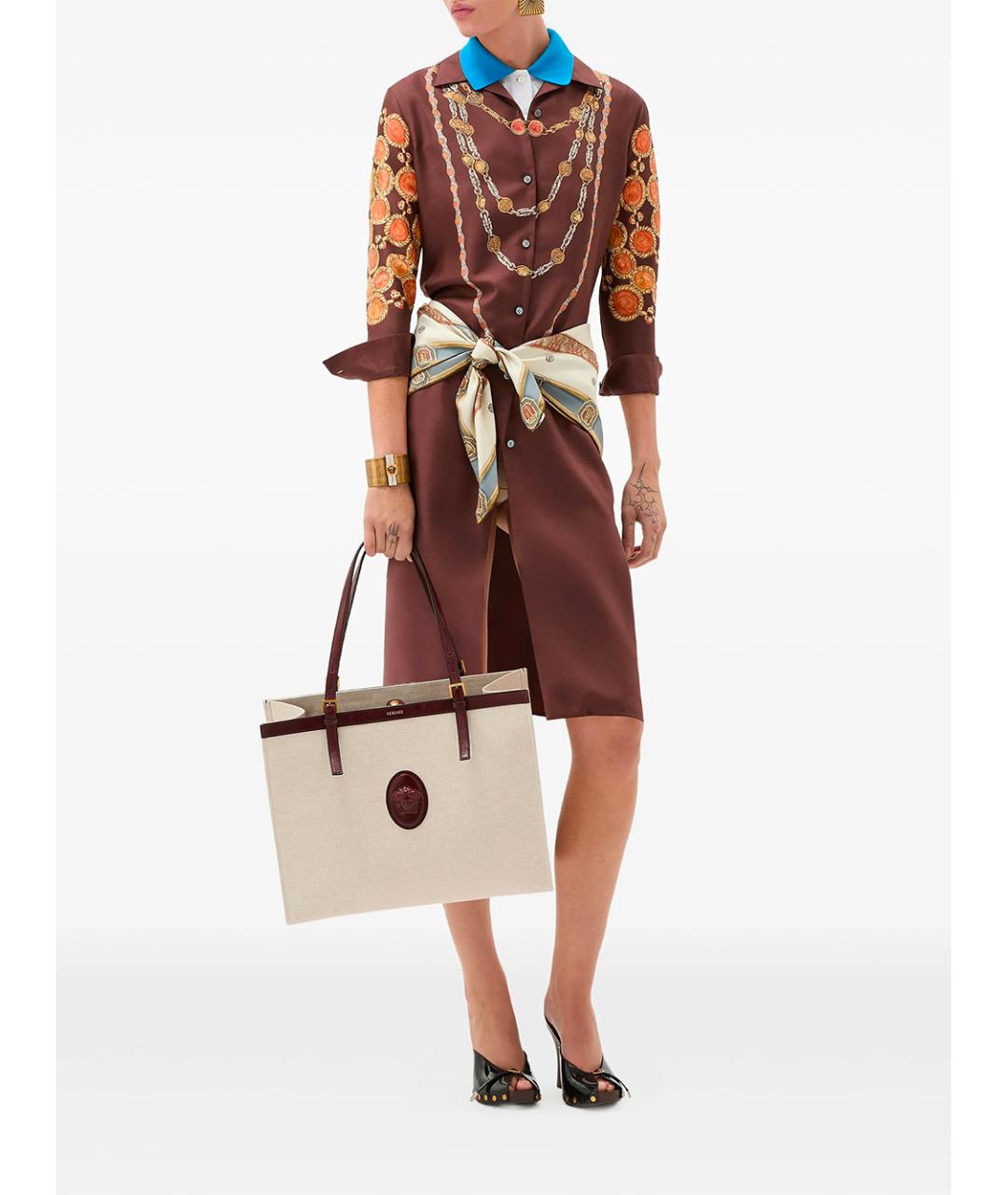 VERSACE Коричневое шелковое повседневное платье, фото 4