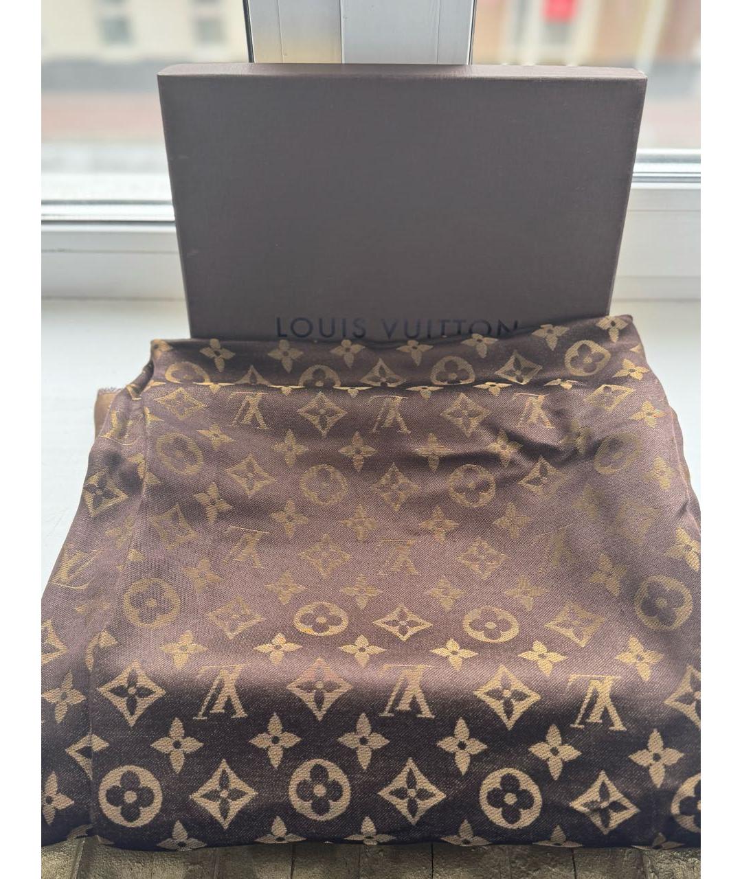 LOUIS VUITTON Коричневый шелковый платок, фото 5