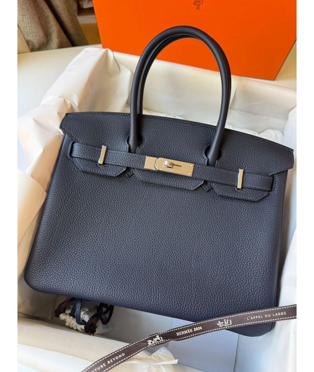 HERMES Темно-синяя кожаная сумка тоут, фото 2
