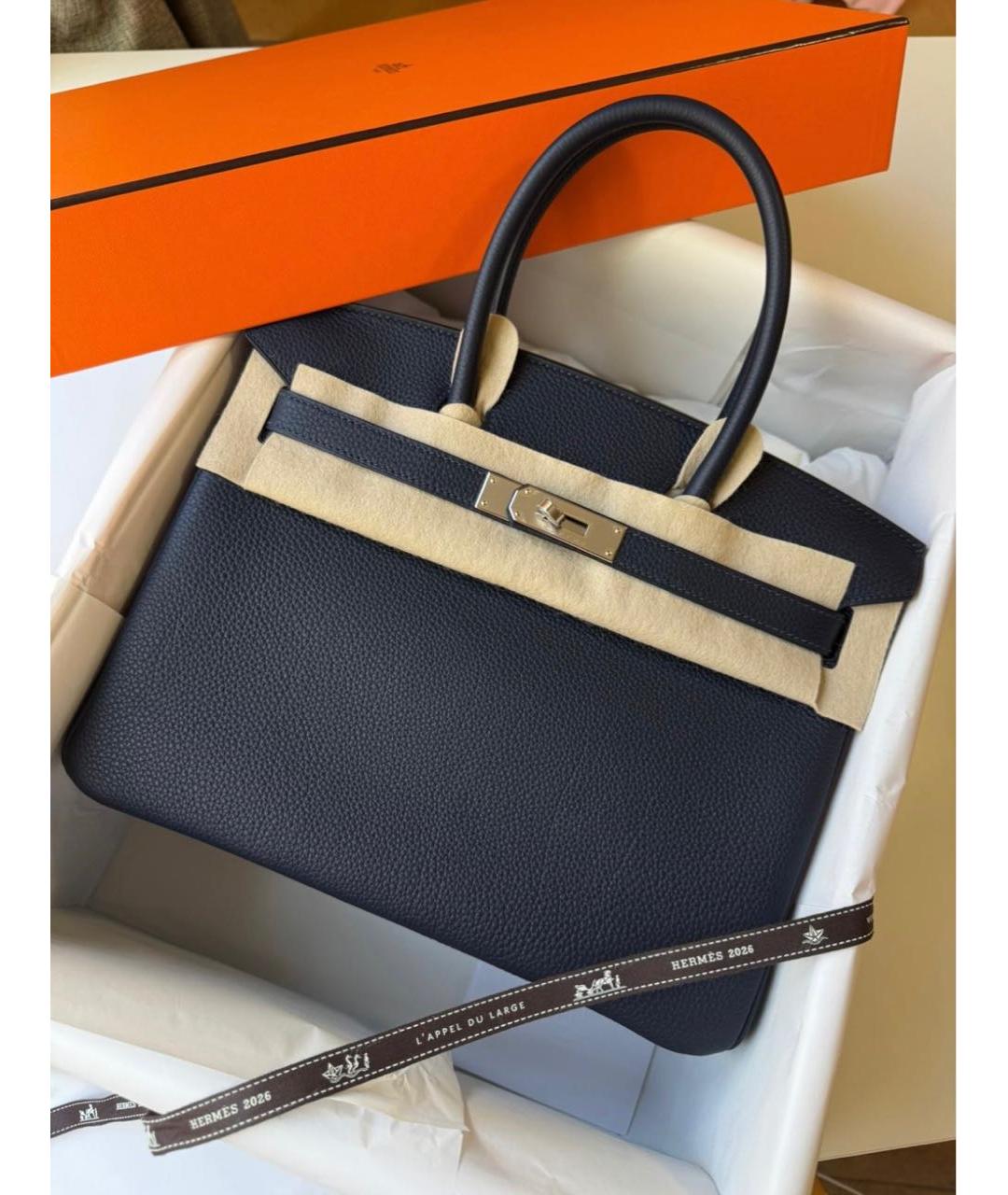 HERMES Темно-синяя кожаная сумка тоут, фото 4