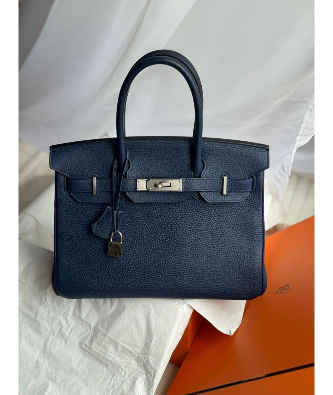 HERMES Темно-синяя кожаная сумка с короткими ручками, фото 9