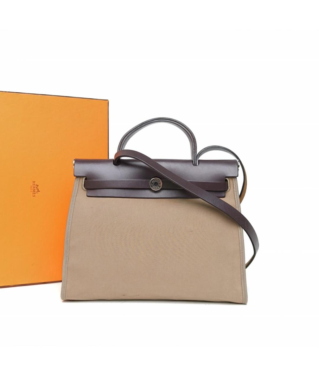 HERMES Бежевая тканевая сумка с короткими ручками, фото 8