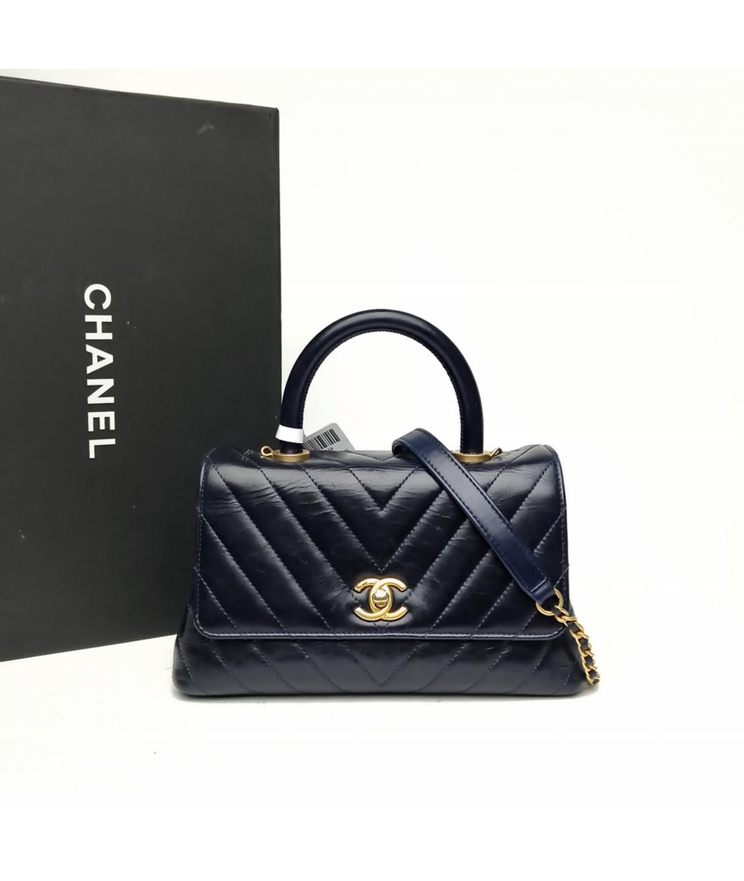 CHANEL Темно-синяя кожаная сумка с короткими ручками, фото 8