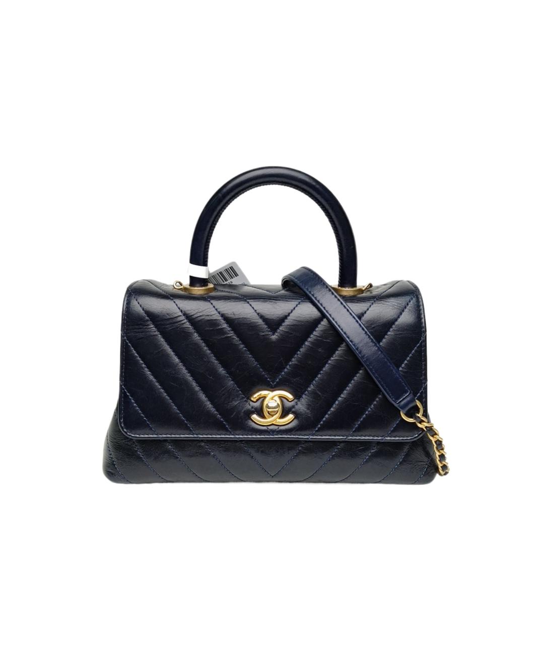 CHANEL Темно-синяя кожаная сумка с короткими ручками, фото 1