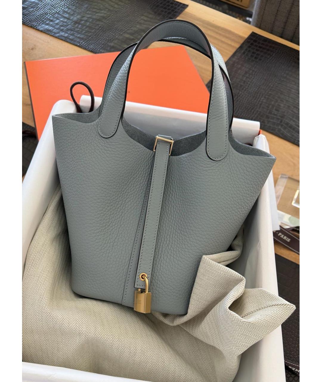 HERMES Серая кожаная сумка с короткими ручками, фото 4