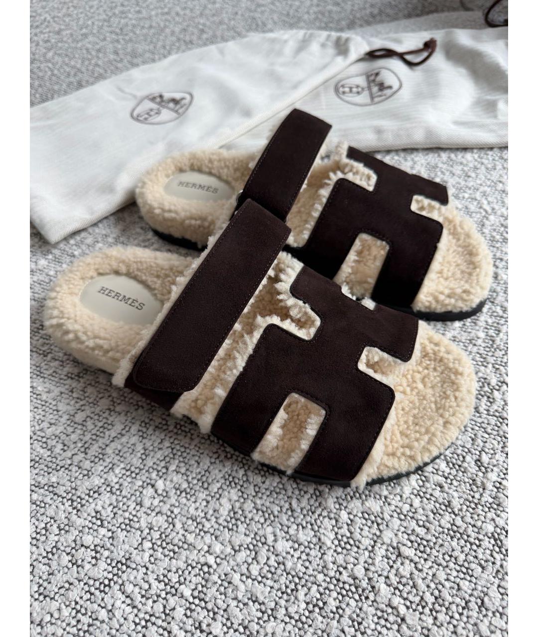 HERMES Коричневые замшевые шлепанцы, фото 2